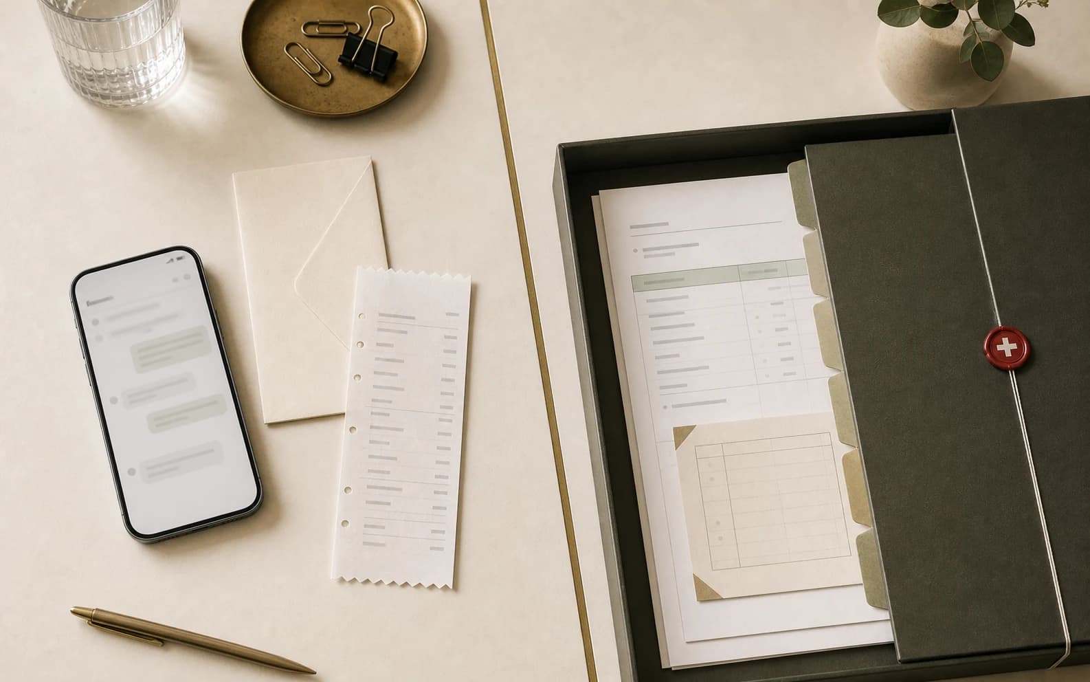 Un smartphone, une enveloppe et des documents comptables franchissent une limite claire vers des archives comptables suisses protégées.