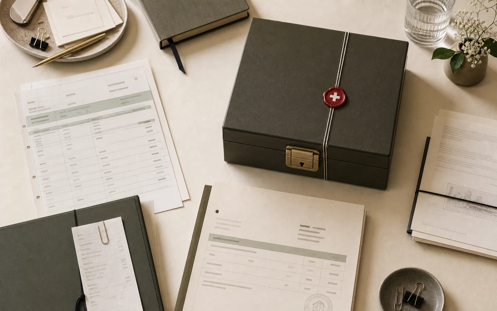 Documents comptables suisses disposés autour d’un coffret d’archives scellé symbolisant la protection des données.