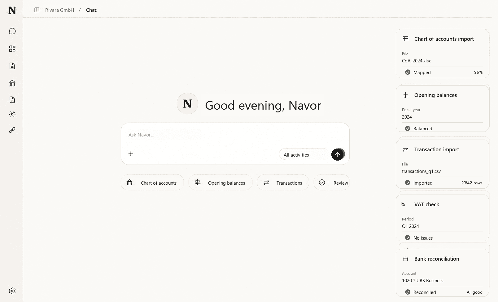 Navor Agent preparing chart of accounts, opening balances, transactions, VAT checks, and bank reconciliation for a fiduciary.