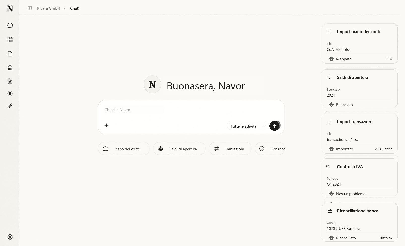 Navor Agent prepara piano dei conti, saldi di apertura, transazioni, controllo IVA e riconciliazione bancaria per una fiduciaria.