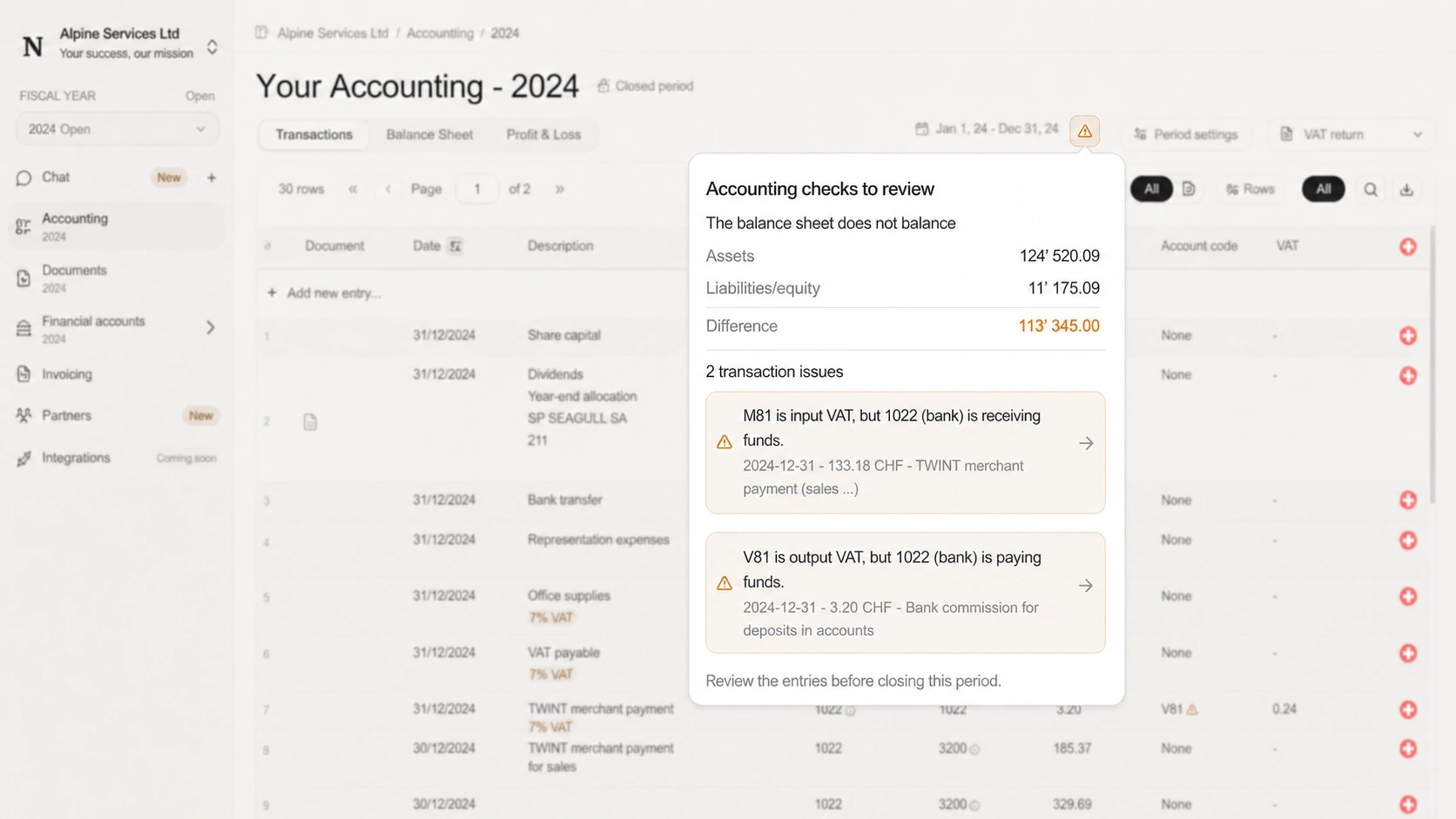 The balance sheet does not balance. The VAT code contradicts the entry.