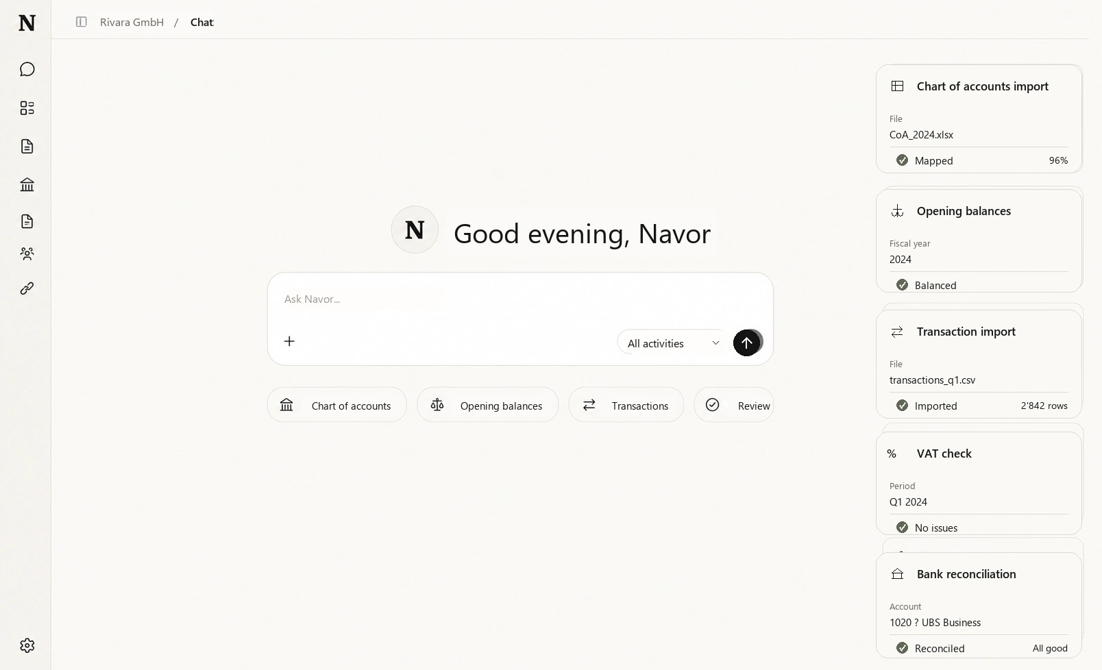 Navor Agent preparing chart of accounts, opening balances, transactions, VAT checks, and bank reconciliation for a fiduciary.