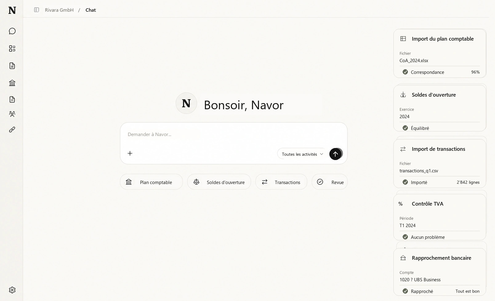 L’agent IA de Navor prépare le plan comptable, les soldes d’ouverture, les transactions, le contrôle TVA et le rapprochement bancaire pour une fiduciaire.