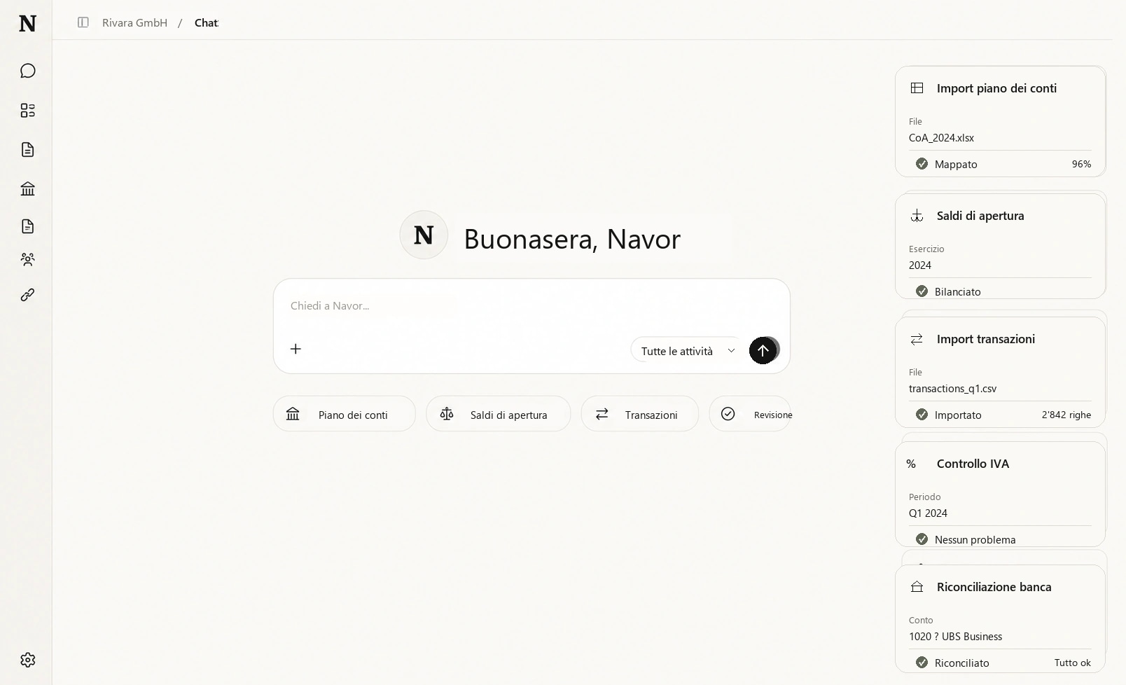 L’agente AI di Navor prepara piano dei conti, saldi di apertura, transazioni, controllo IVA e riconciliazione bancaria per una fiduciaria.