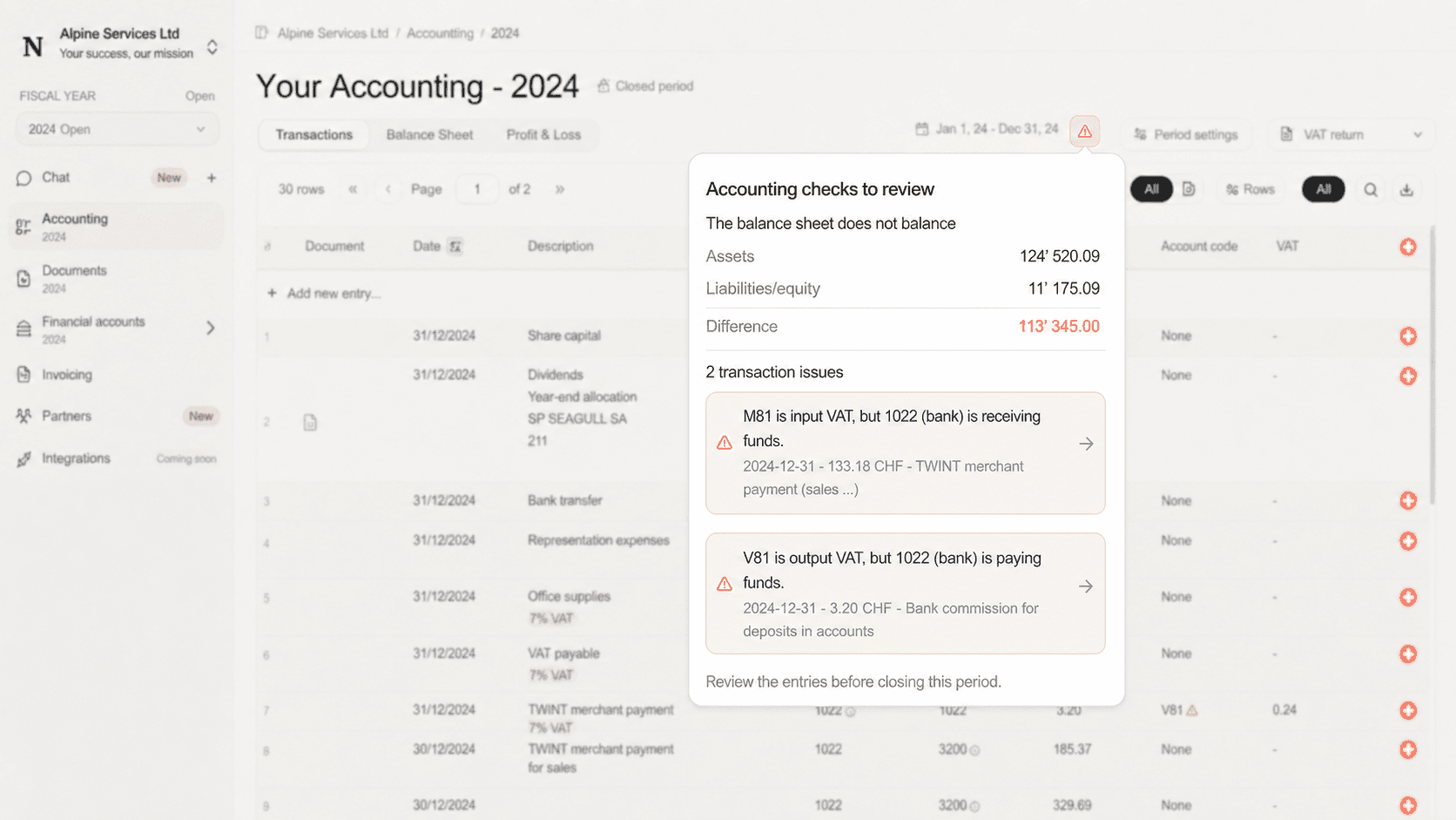 The balance sheet does not balance. The VAT code contradicts the entry.