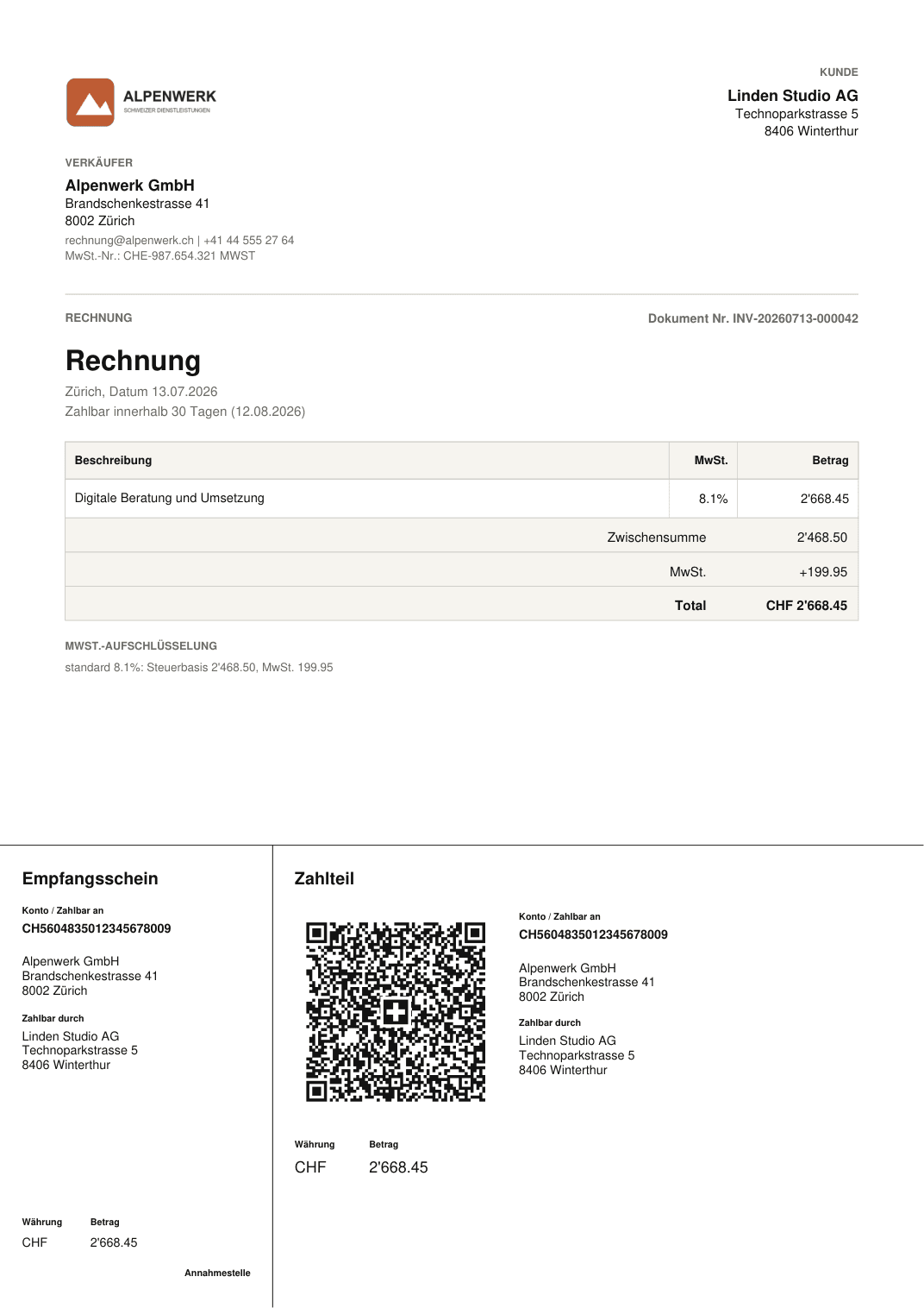 Beispiel einer von Navor erstellten Schweizer Rechnung für ein fiktives Zürcher Unternehmen
