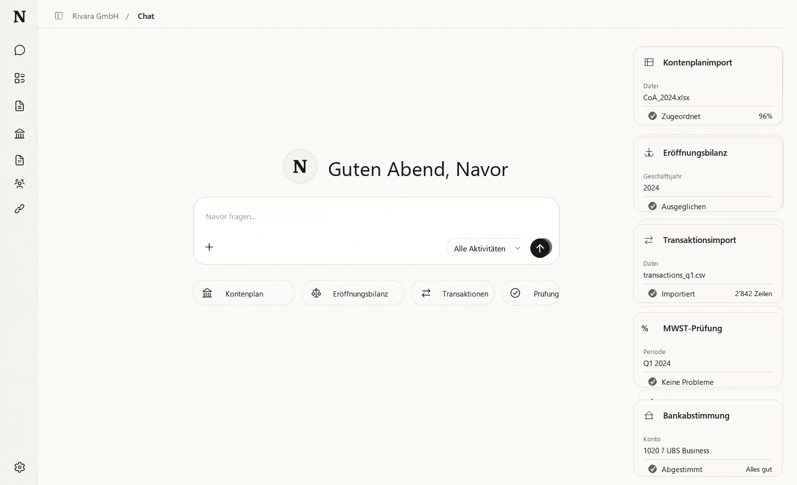 Navor Agent bereitet Kontenplan, Eröffnungsbilanz, Transaktionen, MWST-Prüfung und Bankabstimmung für einen Treuhänder vor.
