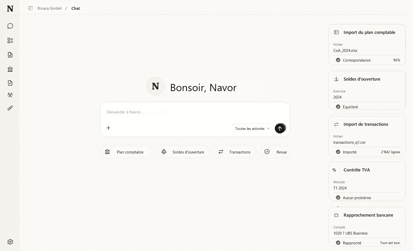 Navor Agent prépare le plan comptable, les soldes d’ouverture, les transactions, le contrôle TVA et le rapprochement bancaire pour une fiduciaire.