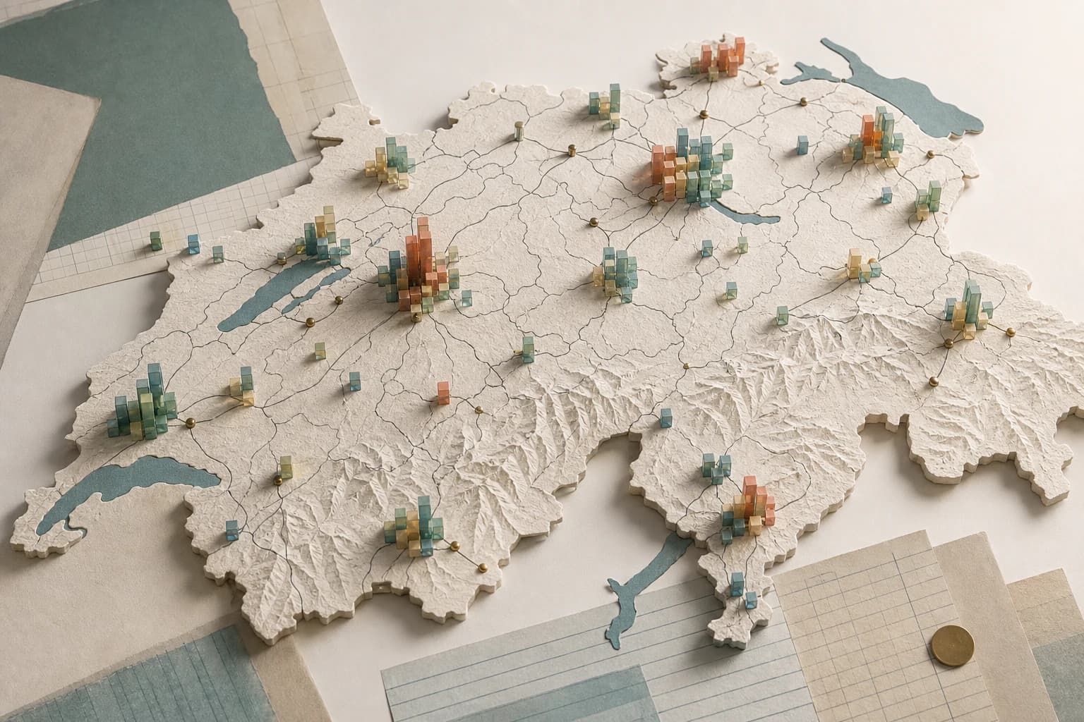 Mappa editoriale cartacea della Svizzera con indicatori colorati delle concentrazioni di aziende registrate.