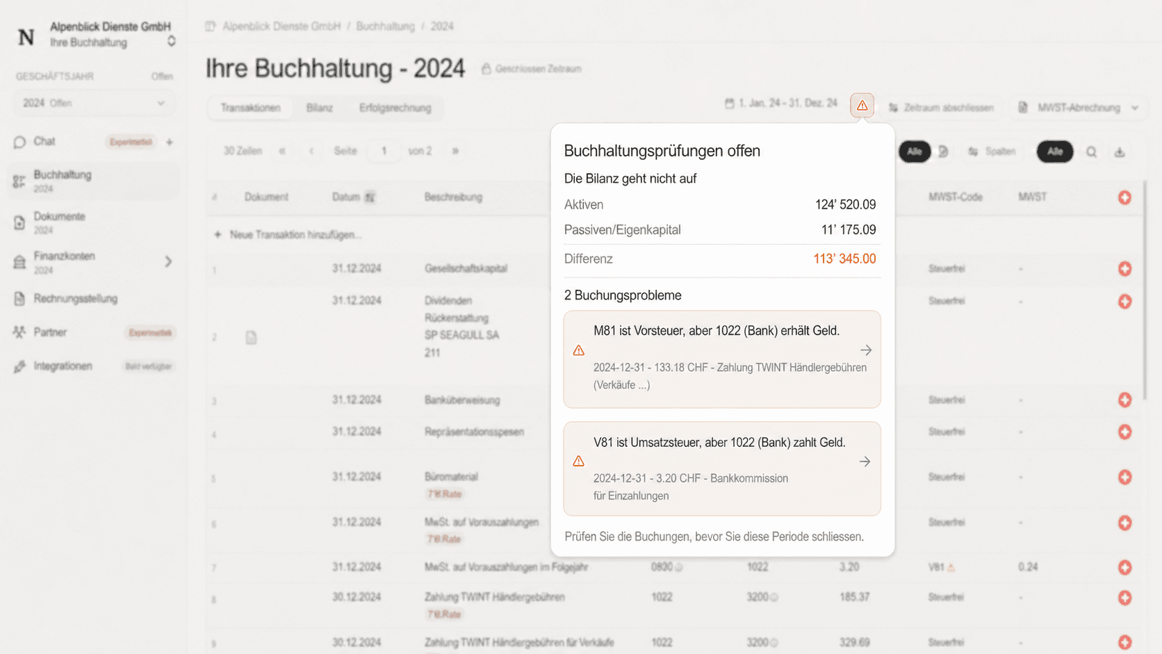 Die Bilanz geht nicht auf. Der MWST-Code widerspricht der Buchung.