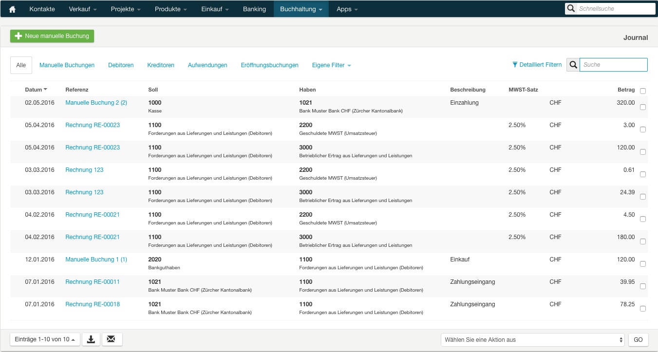 Capture d’écran d’un logiciel comptable traditionnel avec navigation, filtres, lignes comptables, débit, crédit, TVA et montants