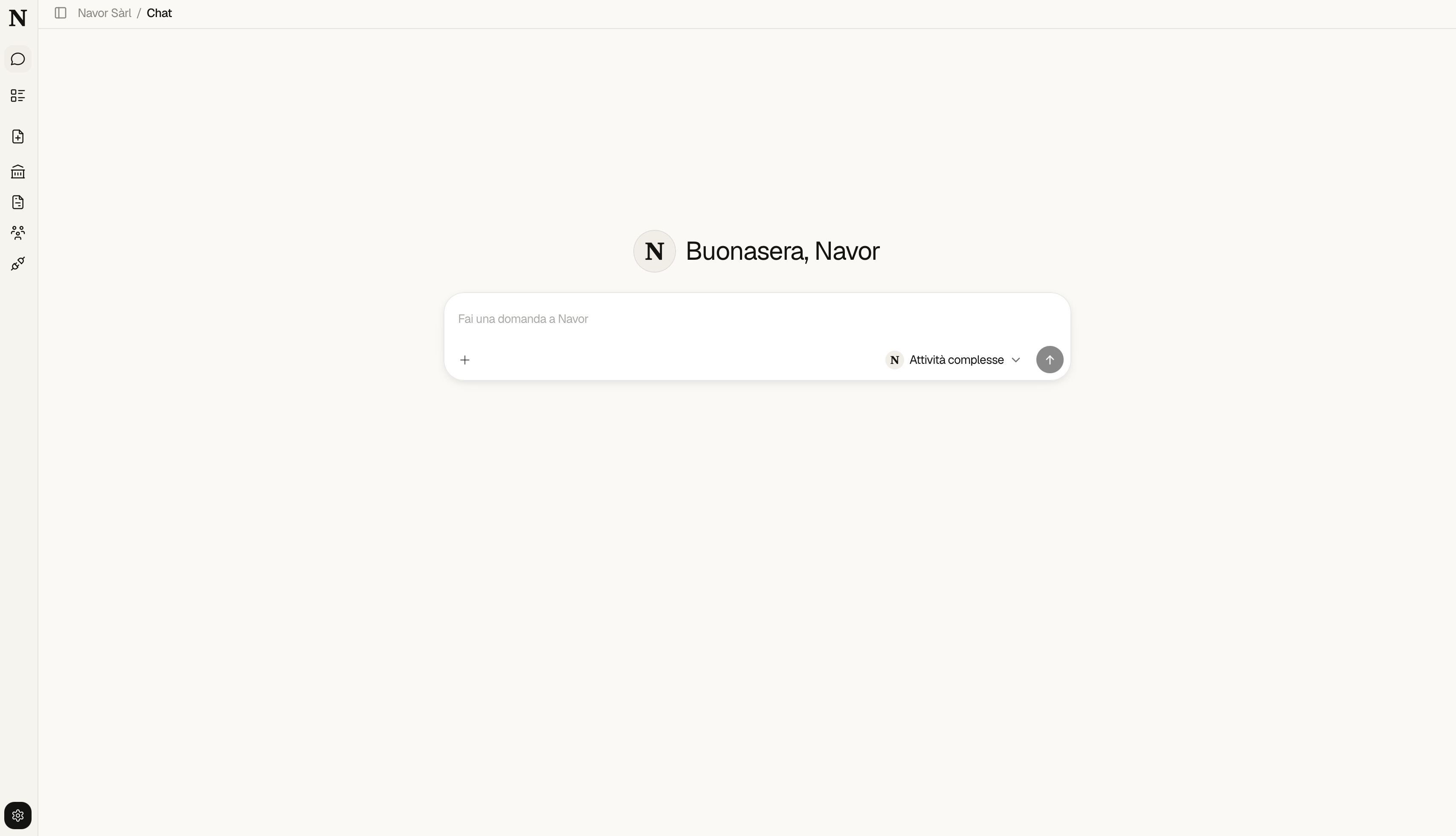 Navor chat interface with a centered greeting and accounting input