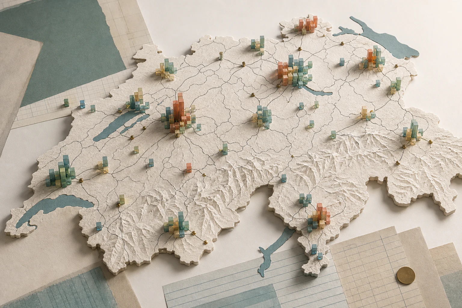 Editorial paper map of Switzerland with colored markers representing registered-company clusters.