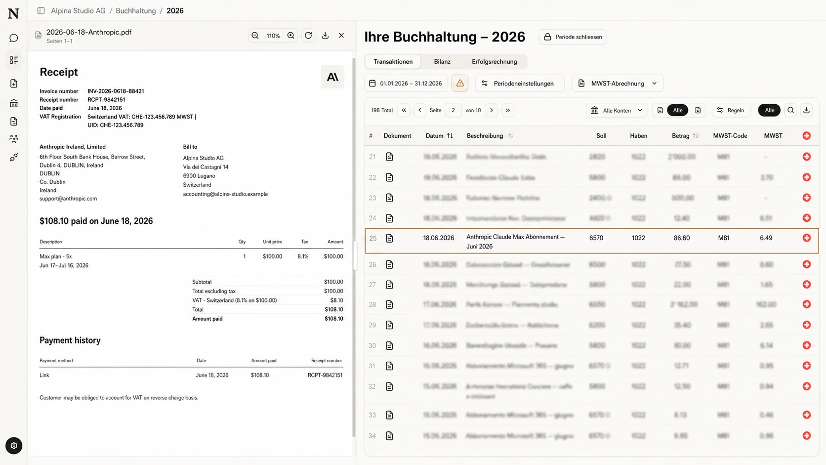 Eine abgestimmte Buchungszeile bleibt sichtbar, während sich der Originalbeleg im Seitenbereich öffnet.