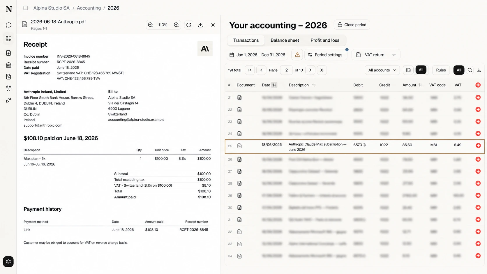 A reconciled accounting row remains visible while its original document opens in a side panel.