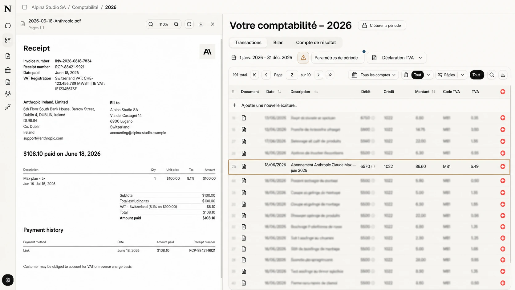 Une ligne comptable rapprochée reste visible tandis que sa pièce originale s’ouvre dans un panneau latéral.