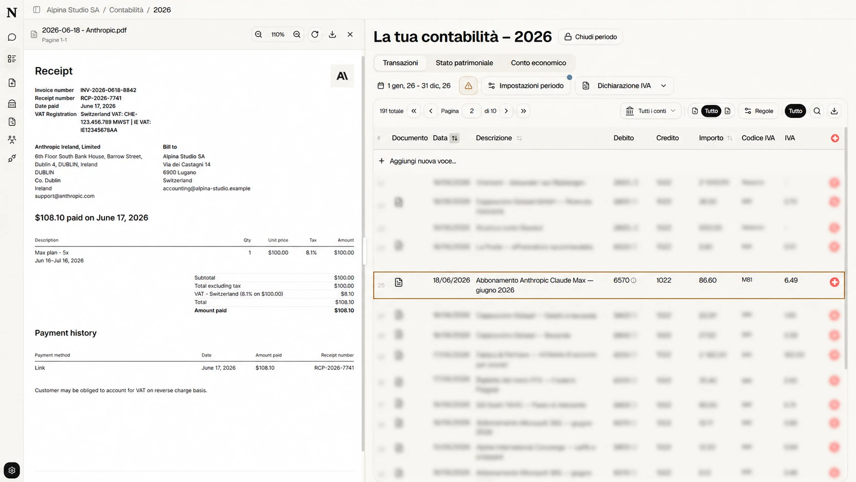 Una registrazione riconciliata resta visibile mentre il documento originale si apre nel pannello laterale.